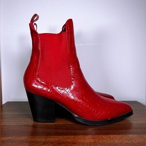 ‘Tyla’ Red Faux Croc Leather Heeled Chelsea Boots